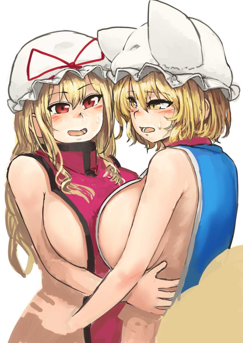 2girls :d animal_ears bangs bare_arms bare_shoulders blonde_hair blush breasts chanta_(ayatakaoisii) d: eye_contact eyebrows_visible_through_hair fox_ears fox_tail hair_between_eyes hat highres hug huge_breasts long_hair looking_at_another multiple_girls naked_tabard open_mouth pillow_hat red_eyes short_hair sideboob simple_background slit_pupils smile sweatdrop tabard tail touhou white_background white_hat yakumo_ran yakumo_yukari