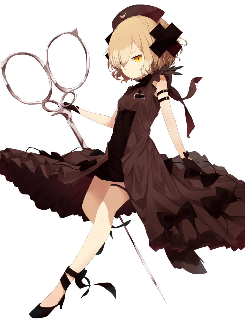 1girl bangs black_bow black_footwear black_gloves black_hat blonde_hair bow brown_dress closed_mouth commentary_request dress full_body gloves hair_between_eyes hair_ornament hair_over_one_eye hat high_heels highres holding holding_scissors looking_at_viewer mabuta_(byc0yqf4mabye5z) magical_girl mahou_shoujo_ikusei_keikaku nurse_cap oversized_object scissors shadowgale short_hair simple_background sleeveless sleeveless_dress solo white_background yellow_eyes