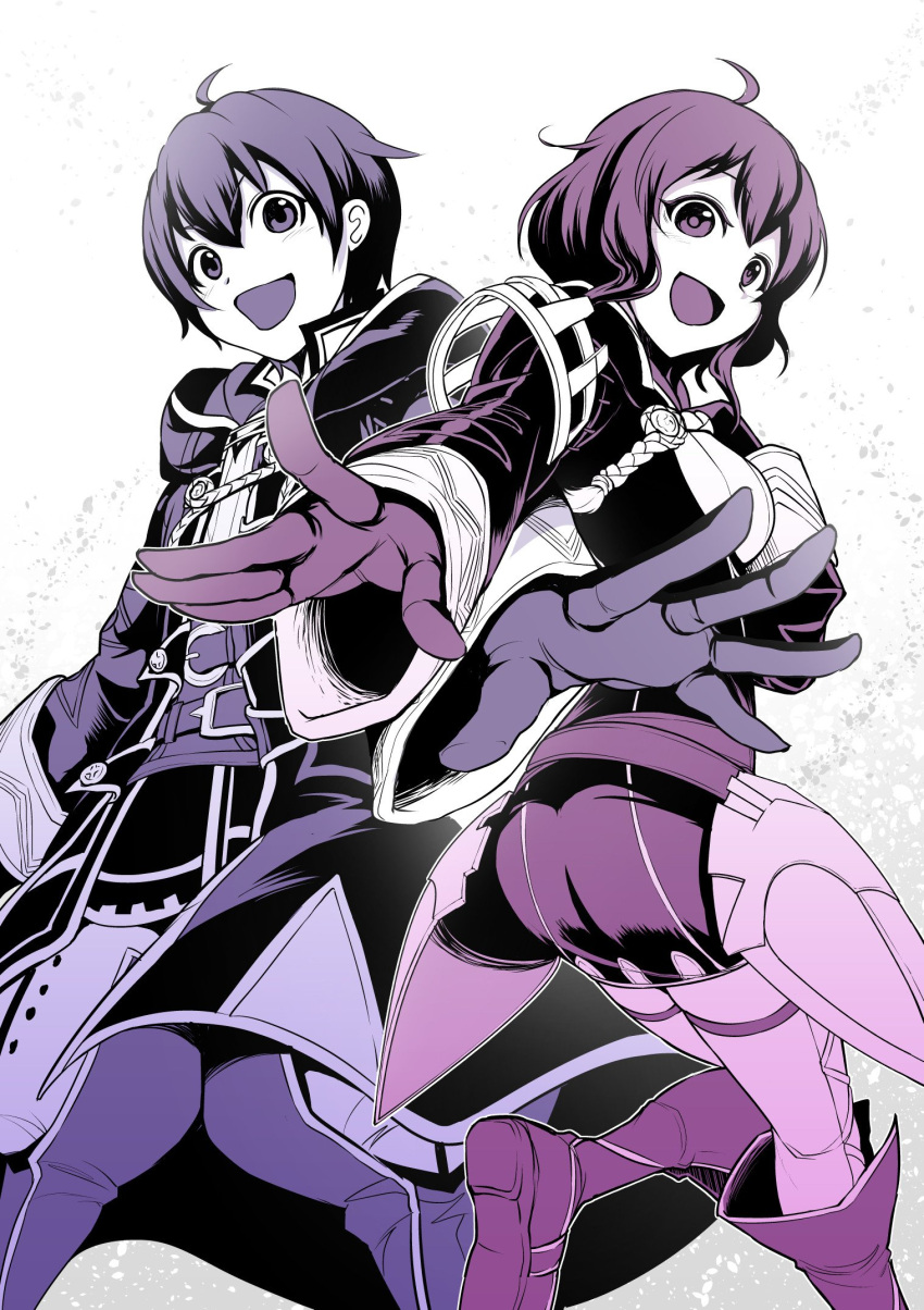 1boy 1girl ahoge ass black_hair dual_persona fire_emblem fire_emblem:_kakusei fire_emblem_heroes gloves highres hood jacket mark_(fire_emblem) monochrome nakabayashi_zun open_mouth short_hair smile white_background