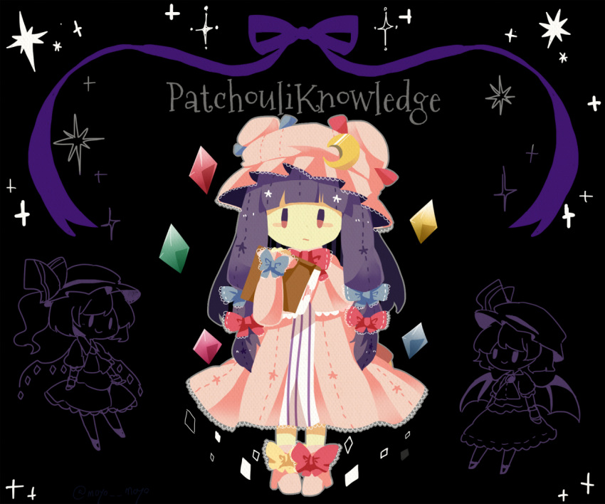 3girls black_background blue_bow blush_stickers book bow bowtie character_name crescent crescent_hair_ornament crystal dress feet_together flandre_scarlet hair_bow hair_ornament hat hat_bow holding holding_book long_hair mob_cap moyo_(amaniwa) multiple_girls patchouli_knowledge purple_hair purple_ribbon red_bow remilia_scarlet ribbon shoe_bow shoes smile solo_focus sparkle striped striped_dress touhou violet_eyes wings yellow_bow