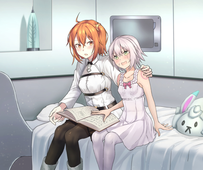 2girls bangs bare_arms bare_shoulders bed black_legwear black_skirt blush book brown_eyes brown_hair chaldea_uniform character_doll commentary_request dress eyebrows_visible_through_hair facial_scar fate/grand_order fate_(series) fou_(fate/grand_order) fujimaru_ritsuka_(female) green_eyes hair_between_eyes hair_ornament hair_scrunchie indoors jack_the_ripper_(fate/apocrypha) jacket long_sleeves mizoredama multiple_girls on_bed one_side_up open_book open_mouth orange_scrunchie pantyhose pleated_skirt scar scar_across_eye scar_on_cheek scrunchie silver_hair sitting sitting_on_bed skirt sleeveless sleeveless_dress stuffed_toy uniform white_dress white_jacket white_legwear