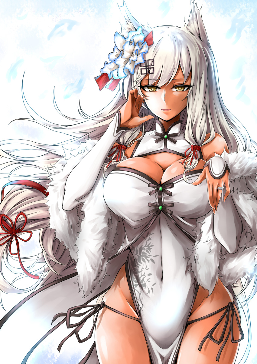 1girl absurdres animal_ears bangs bare_shoulders breasts capelet cleavage cleavage_cutout dark_skin detached_sleeves dress expressionless eyebrows_visible_through_hair floating_hair flower fur-trimmed_capelet fur_trim girls_frontline hair_between_eyes hair_flower hair_ornament hand_to_own_face high_heels highres jewelry karadborg large_breasts long_hair looking_at_viewer medium_breasts mossberg_m590_(girls_frontline) open_mouth panties ring side-tie_panties side_slit sidelocks simple_background skindentation sleeves_past_wrists smile solo standing thighs underwear wedding_band white_capelet white_dress white_hair yellow_eyes