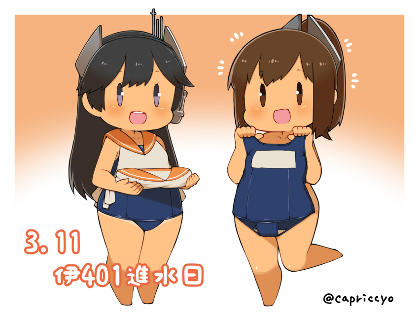 black_hair blue_swimsuit brown_eyes brown_hair capriccyo clothes_in_front commentary_request full_body gradient gradient_background hair_ornament hairclip headgear highres i-400_(kantai_collection) i-401_(kantai_collection) kantai_collection long_hair looking_at_viewer name_tag one-piece_tan open_mouth orange_background orange_sailor_collar ponytail sailor_collar sailor_shirt school_swimsuit shirt short_ponytail sleeveless sleeveless_shirt smile swimsuit swimsuit_removed swimsuit_under_clothes tan tanline twitter_username violet_eyes white_background