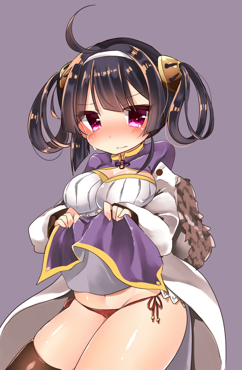 1girl absurdres ahoge azur_lane bangs black_hair black_legwear blush breasts chiitamu china_dress chinese_clothes cleavage closed_eyes closed_mouth commentary_request dress dress_lift fingernails fur-trimmed_hood fur_trim groin hair_ornament hair_rings hairband hairpin highres hood hood_down hooded_jacket jacket lifted_by_self long_sleeves looking_at_viewer medium_breasts navel ning_hai_(azur_lane) panties puffy_long_sleeves puffy_sleeves purple_background purple_dress red_panties side-tie_panties simple_background solo sweat thigh-highs thighs underwear violet_eyes white_hairband white_jacket