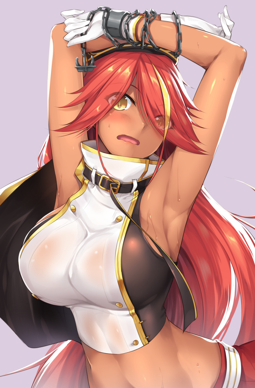 1girl armpits azur_lane belt belt_buckle blonde_hair blush breasts buckle chains dark_skin double-breasted gloves high_collar highres jamaica_(azur_lane) large_breasts long_hair looking_at_viewer multicolored_hair nakano_sora navel open_mouth red_skirt redhead see-through shiny shiny_skin shirt skirt sleeveless sleeveless_shirt sweatdrop upper_body very_long_hair white_gloves white_shirt yellow_eyes