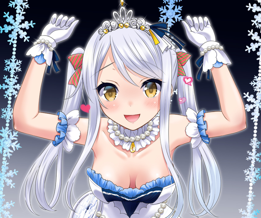 1girl :d blush breasts cleavage dress eve_santaclaus eyebrows_visible_through_hair gloves hair_ribbon idolmaster idolmaster_cinderella_girls long_hair looking_at_viewer medium_breasts neko_danshaku open_mouth ribbon smile solo tiara twintails upper_body white_dress white_gloves white_hair yellow_eyes