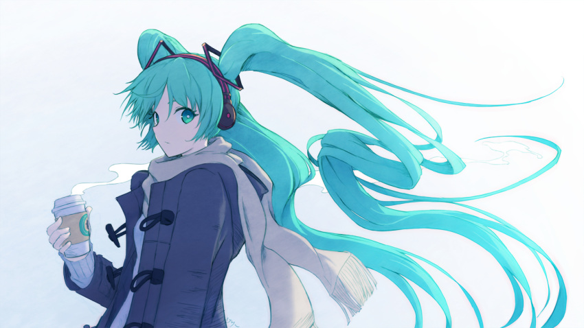 1girl aqua_eyes aqua_hair coat drink floating_hair from_side hatsune_miku headphones long_hair ryuga_(balius) scarf solo twintails upper_body very_long_hair vocaloid