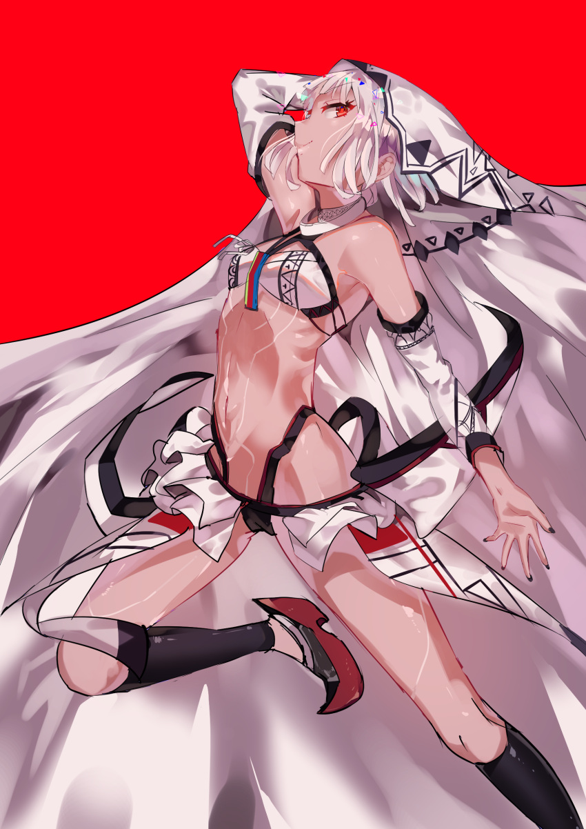 altera_(fate) arm_behind_head bare_shoulders black_legwear black_nails dark_skin detached_sleeves fate/grand_order fate_(series) highres kneehighs korokimi nail_polish navel red_background red_eyes short_hair simple_background smile tattoo veil white_hair