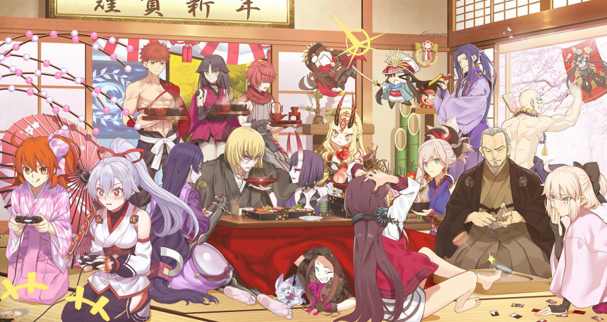 aora assassin_(fate/stay_night) bamboo chacha_(fate/grand_order) controller cup daruma_doll eating emiya_shirou fate/grand_order fate_(series) fou_(fate/grand_order) fujimaru_ritsuka_(female) fuuma_kotarou_(fate/grand_order) game_console hanafuda headphones highres houzouin_inshun_(fate/grand_order) ibaraki_douji_(fate/grand_order) kagami_mochi katana katou_danzou_(fate/grand_order) kite kotatsu limited/zero_over minamoto_no_raikou_(fate/grand_order) miyamoto_musashi_(fate/grand_order) mochizuki_chiyome_(fate/grand_order) oda_nobunaga_(swimsuit_berserker)_(fate) okita_souji_(fate) oni_horns playstation_4 ponytail sakata_kintoki_(fate/grand_order) sakazuki shuten_douji_(fate/grand_order) sword table tomoe_gozen_(fate/grand_order) tray umbrella weapon yagyuu_munenori_(fate/grand_order)