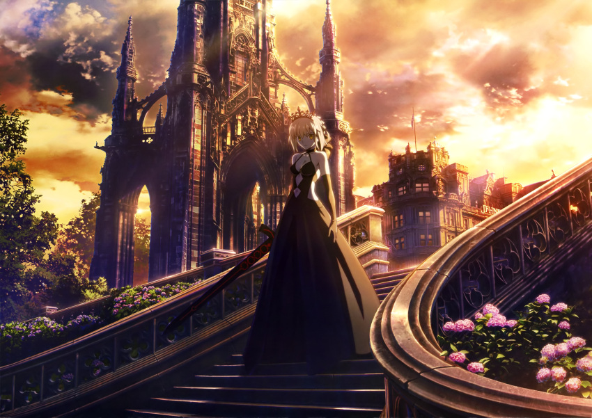 1girl absurdres artoria_pendragon_(all) black_dress black_gloves black_ribbon blonde_hair breasts church cleavage clouds cloudy_sky dark_excalibur diadem dress elbow_gloves eyebrows_visible_through_hair fate/stay_night fate_(series) flower full_body gloves hair_between_eyes hair_ribbon highres holding holding_sword holding_weapon looking_at_viewer medium_breasts navel navel_cutout official_art outdoors pink_flower ribbon saber_alter short_hair sky sleeveless sleeveless_dress solo standing sword takeuchi_takashi weapon yellow_eyes