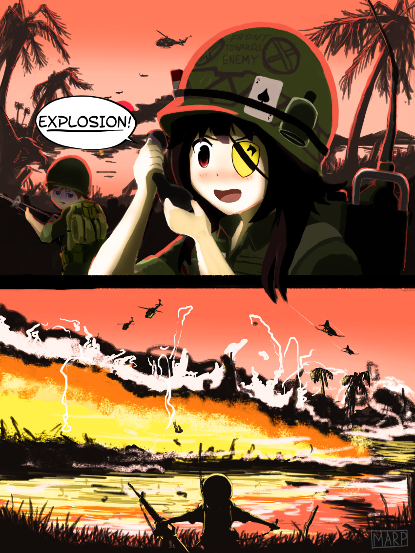 2girls 2koma absurdres aircraft airplane apocalypse_now assault_rifle bomber canteen card comic english explosion f-4_phantom_ii fire gun helicopter helmet highres huge_filesize kono_subarashii_sekai_ni_shukufuku_wo! m16 marpaparp megumin military military_vehicle multiple_girls napalm outstretched_arms playing_card radio rifle river satou_kazuma spread_arms tree uh-1_iroquois vietnam vietnam_war war weapon