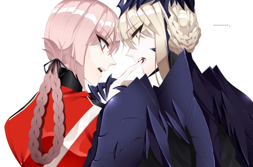 ... 2girls armor artoria_pendragon_(all) artoria_pendragon_(lancer_alter) biting black_ribbon blonde_hair braid face-to-face fangs fate/grand_order fate_(series) florence_nightingale_(fate/grand_order) from_behind gloves hair_ribbon hand_grab highres hochikass horns long_braid looking_at_another looped_braids multiple_girls open_mouth pink_hair ribbon single_braid white_background white_gloves