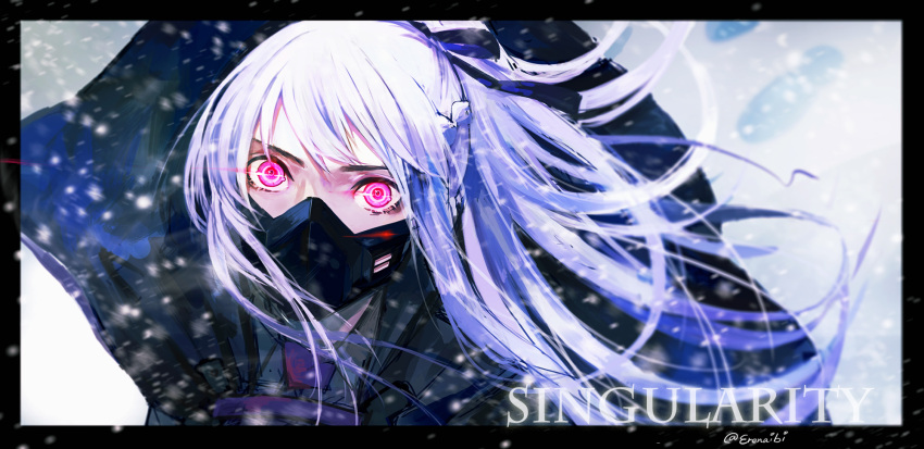 1girl ak-12_(girls_frontline) bangs black_coat black_ribbon border braid coat commentary_request erenaibi face_mask floating_hair french_braid girls_frontline glowing glowing_eyes hair_between_eyes hair_ribbon highres long_hair long_sleeves looking_at_viewer mask ribbon sidelocks silver_hair snow snowing solo twitter_username very_long_hair violet_eyes wind wind_lift