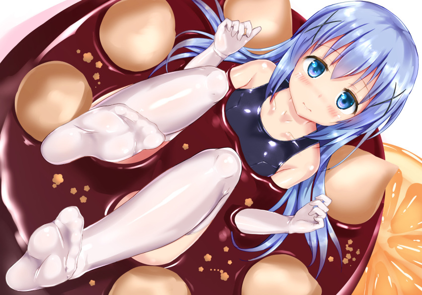 1girl blue_eyes blue_hair elbow_gloves eyebrows_visible_through_hair from_above gloves gochuumon_wa_usagi_desu_ka? hair_ornament highres kafuu_chino long_hair looking_at_viewer naka one-piece_swimsuit partially_submerged school_swimsuit shiny shiny_clothes solo swimsuit thigh-highs