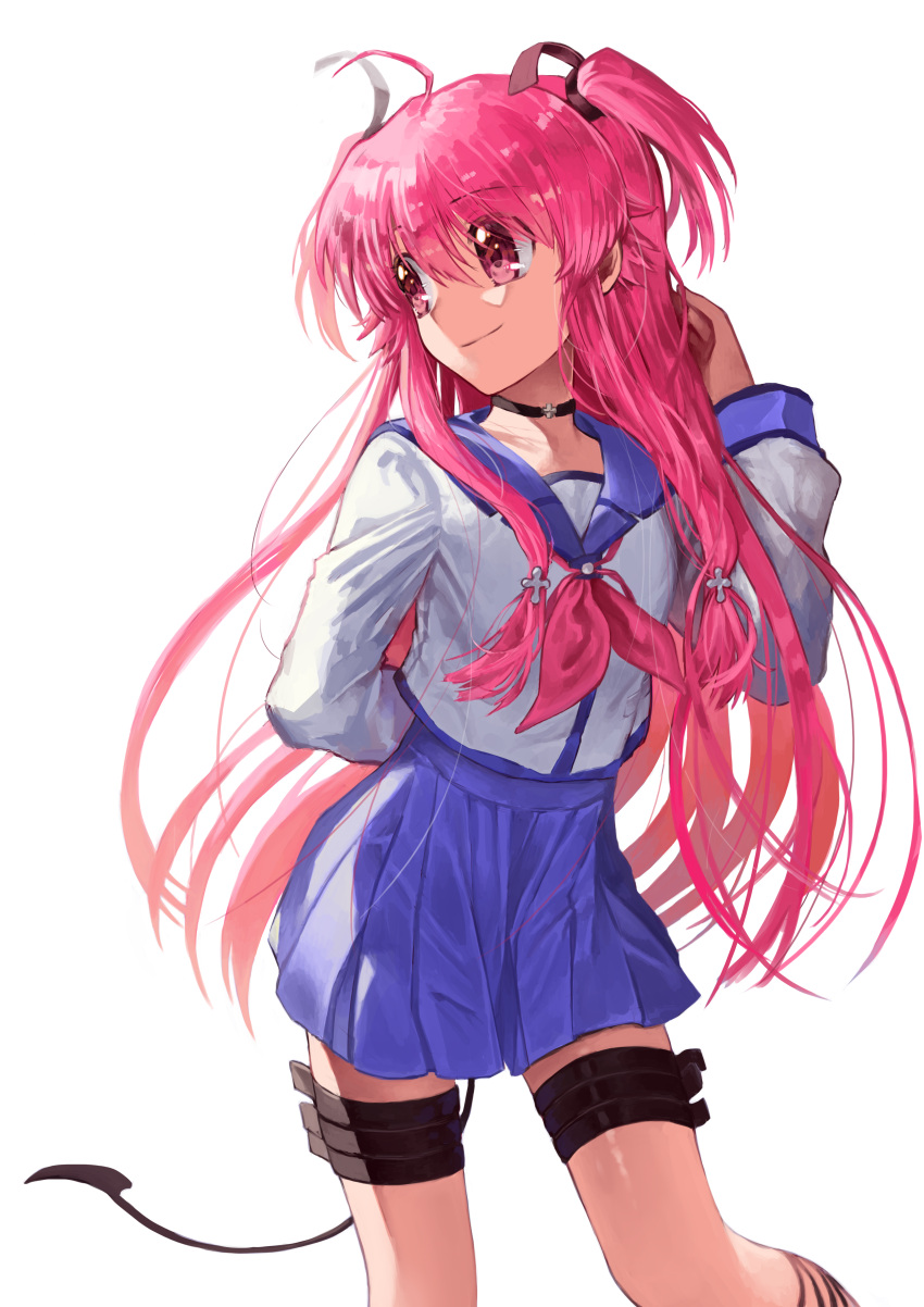 1girl absurdres angel_beats! blue_sailor_collar blue_skirt choker cowboy_shot demon_tail hair_ribbon highres leg_belt long_hair looking_away looking_back paper_(artist) pink_eyes pink_hair pink_neckwear pleated_skirt ribbon sailor_collar school_uniform serafuku simple_background skirt smile solo tail two_side_up white_background yui_(angel_beats!)