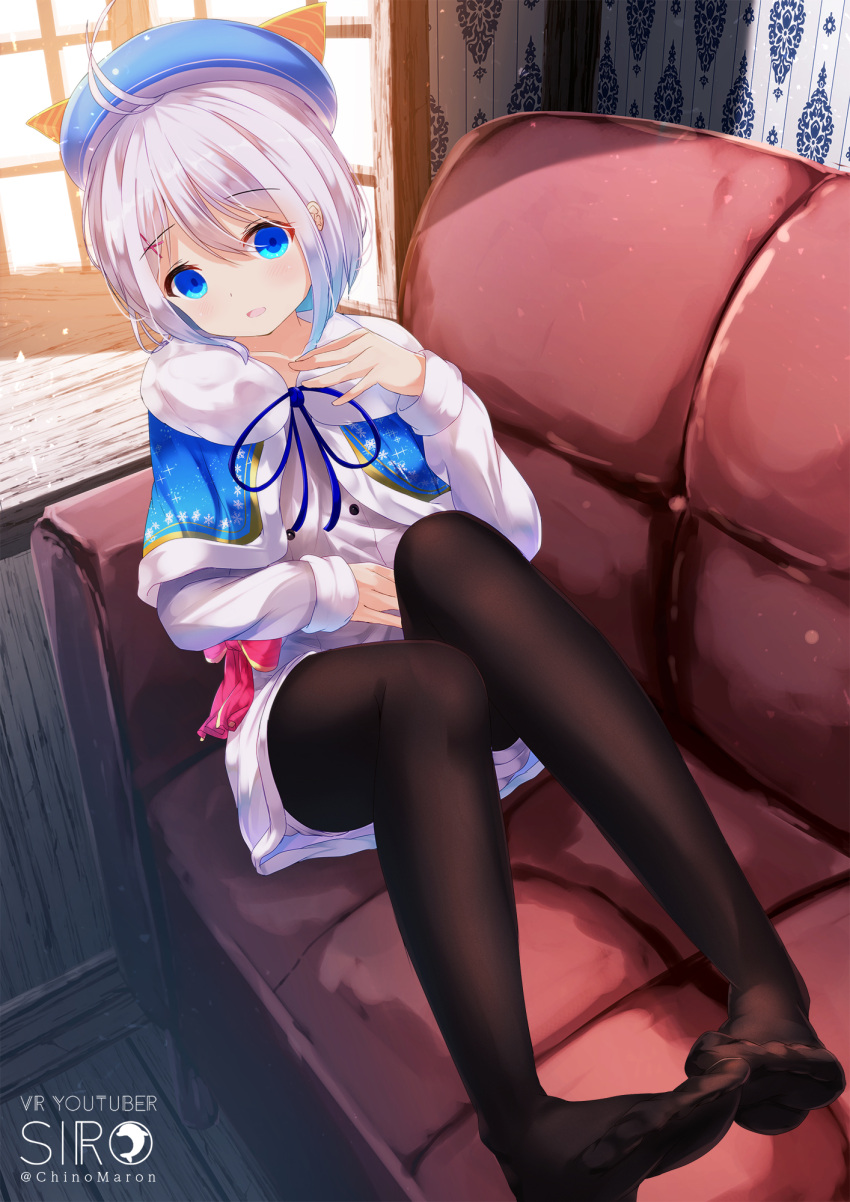 1girl :d antenna_hair bangs beret black_legwear blue_capelet blue_eyes blue_hat blush capelet character_name chinomaron collarbone couch dennou_shoujo_youtuber_shiro dress eyebrows_visible_through_hair fur-trimmed_capelet hair_between_eyes hair_ornament hand_up hat head_tilt highres indoors long_hair long_sleeves looking_at_viewer on_couch open_mouth pantyhose shiro_(dennou_shoujo_youtuber_shiro) short_hair short_shorts shorts sidelocks silver_hair sitting smile solo sunlight twitter_username virtual_youtuber white_dress white_shorts window x_hair_ornament