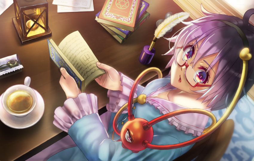 1girl blouse blue_blouse blurry book book_stack candle chair cup depth_of_field dutch_angle eyebrows_visible_through_hair from_above glasses hair_between_eyes hexagram hipunosu_(fjtsh890) inkwell komeiji_satori lavender_hair looking_at_viewer looking_up open_book parted_lips quill red-framed_eyewear rug saucer semi-rimless_eyewear short_hair sitting solo spoon table teacup third_eye touhou under-rim_eyewear upper_body violet_eyes wooden_floor