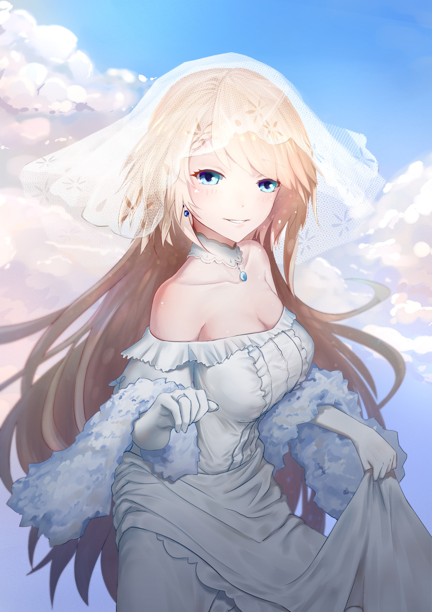 1girl absurdres alternate_costume bangs bare_shoulders blonde_hair blue_eyes blue_sky blush breasts bridal_veil choker cleavage clouds dress earrings elbow_gloves eyebrows_visible_through_hair g36_(girls_frontline) girls_frontline gloves highres holding_dress jewelry long_hair looking_at_viewer medium_breasts parted_lips pendant ring shawl sidelocks sky smile solo strapless strapless_dress veil wedding_dress wedding_ring white_gloves wind wind_lift xxiner