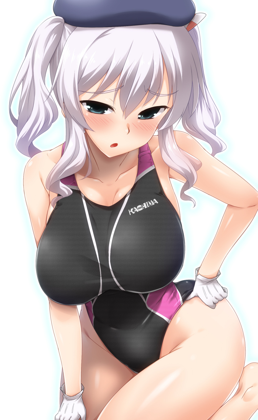 1girl absurdres bad_anatomy beret blue_eyes blush breasts character_name clothes_writing collarbone commentary cowboy_shot gloves hair_between_eyes hand_on_hip hat highres kantai_collection kashima_(kantai_collection) large_breasts long_hair looking_at_viewer one-piece_swimsuit open_mouth short_hair sidelocks silver_hair solo swimsuit tsurime twintails wavy_hair white_gloves yoshi_tama