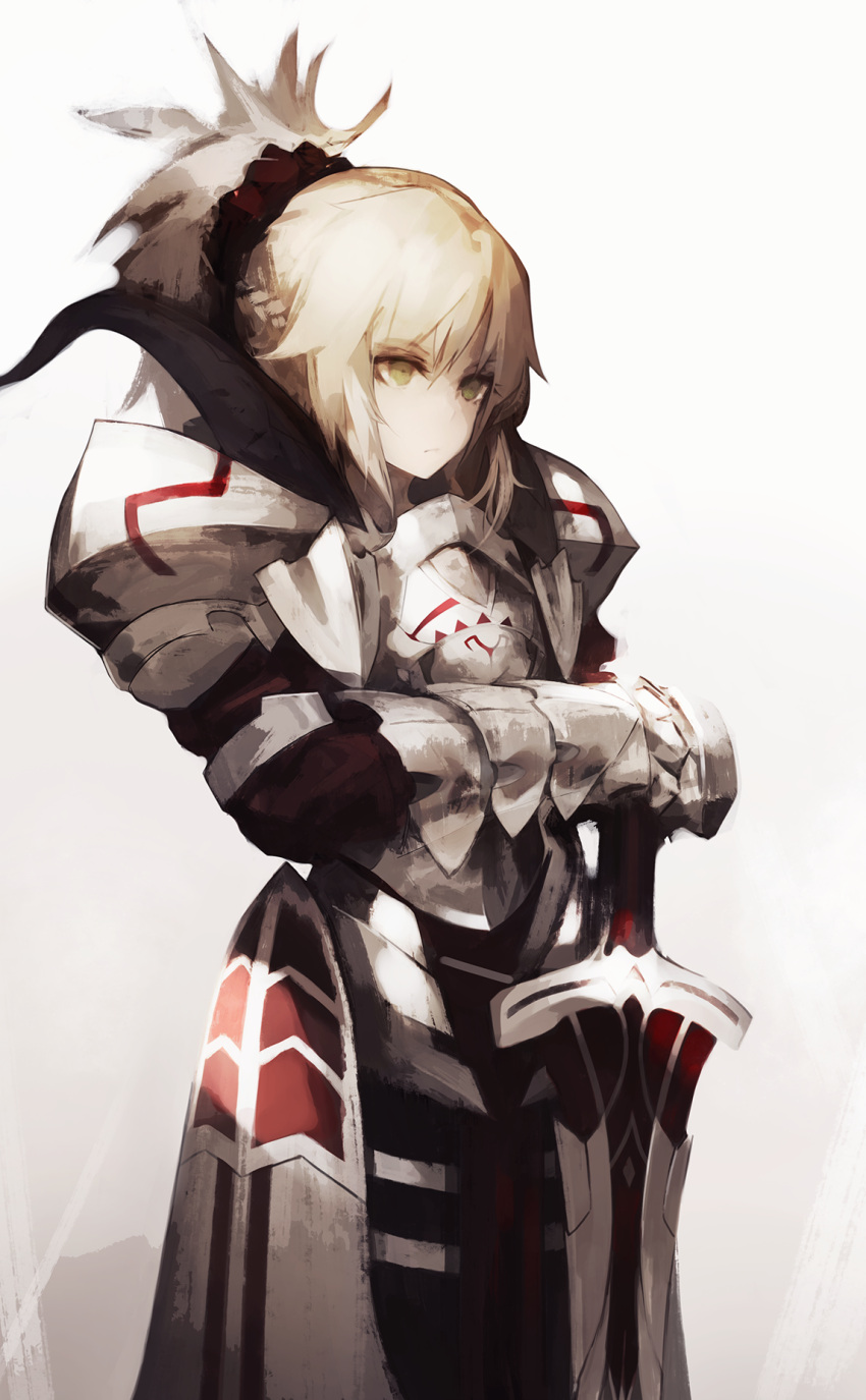1girl armor bangs black_scrunchie blonde_hair braid breastplate clarent closed_mouth expressionless fate/apocrypha fate_(series) faulds french_braid full_armor gradient gradient_background green_eyes grey_background gyup hair_ornament hair_scrunchie highres holding holding_sword holding_weapon mordred_(fate) mordred_(fate)_(all) own_hands_together pauldrons ponytail scrunchie shiny shiny_clothes short_hair shoulder_armor sidelocks solo standing sword weapon