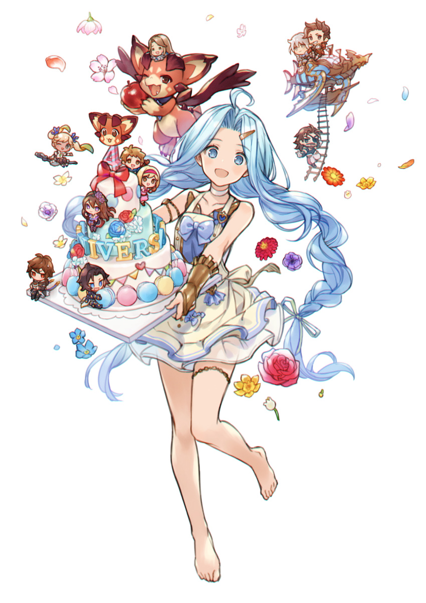 ahoge blue_eyes blue_hair braid cake chibi choker deretta djeeta_(granblue_fantasy) dress eugen_(granblue_fantasy) food gran_(granblue_fantasy) granblue_fantasy hair_intakes highres io_euclase katalina_aryze lancelot_(granblue_fantasy) long_hair lyria_(granblue_fantasy) noa_(granblue_fantasy) open_mouth rackam_(granblue_fantasy) rosetta_(granblue_fantasy) sandalphon_(granblue_fantasy) twin_braids vee_(granblue_fantasy) very_long_hair white_dress