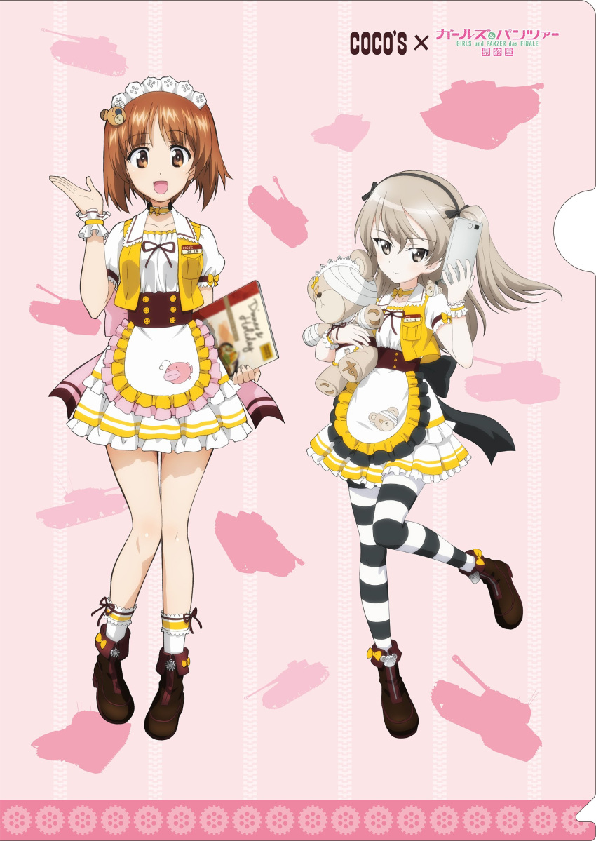2girls :d absurdres anglerfish animal_print ankle_boots apron bangs bear bear_hair_ornament bear_print black_bow black_footwear black_ribbon boko_(girls_und_panzer) boots bow bow_choker bow_legwear brown_eyes brown_hair centurion_(tank) character_name choker closed_mouth coco's commentary_request copyright_name eyebrows_visible_through_hair frilled_apron frilled_legwear frilled_skirt frilled_sleeves frills girls_und_panzer girls_und_panzer_saishuushou ground_vehicle hair_bow hair_ornament hair_ribbon highres holding holding_stuffed_animal jacket large_bow layered_skirt leg_up light_brown_hair light_smile long_hair looking_at_viewer maid_headdress menu military military_vehicle miniskirt motor_vehicle multiple_girls name_tag nishizumi_miho official_art open_mouth pantyhose panzerkampfwagen_iv pink_background pink_bow puffy_short_sleeves puffy_sleeves ribbon shimada_arisu shirt short_hair short_sleeves side_ponytail silhouette skirt smile socks standing standing_on_one_leg striped striped_legwear striped_skirt stuffed_animal stuffed_toy tank teddy_bear waist_apron waitress white_legwear white_shirt white_skirt wristband yellow_choker yellow_jacket zipper_pull_tab