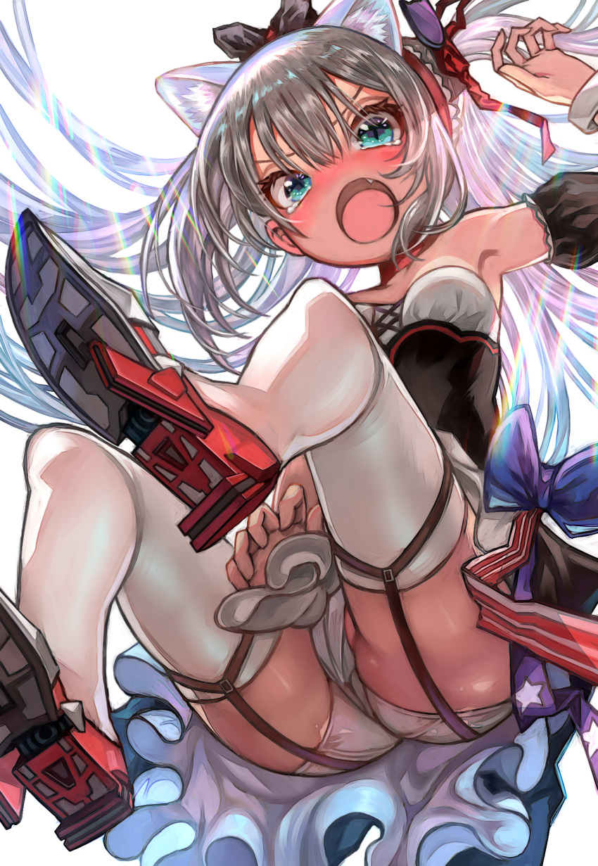 1girl animal_ears aqua_eyes ass azur_lane bangs bare_shoulders black_bow blush bow breasts cat_ears denchu_(kazudentyu) detached_sleeves fang garter_straps grey_hair hair_ribbon hammann_(azur_lane) highres long_hair looking_at_viewer nose_blush open_mouth panties puffy_short_sleeves puffy_sleeves red_ribbon ribbon shiny shiny_hair shiny_skin short_sleeves silver_hair slit_pupils small_breasts tears thigh-highs underwear white_background white_legwear white_panties