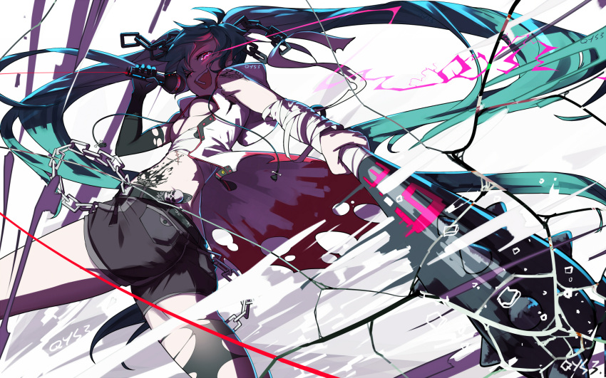 1girl 39 aqua_hair artist_name bai_yemeng bandage bandaged_arm belt breasts broken_glass chains commentary_request elbow_gloves from_below from_side glass gloves glowing glowing_eyes hatsune_miku highres holding long_hair looking_at_viewer microphone open_mouth pink_eyes revision short_shorts shorts signature single_elbow_glove single_thighhigh small_breasts solo thigh-highs torn_clothes torn_gloves torn_thighhighs twintails under_boob very_long_hair vocaloid weapon