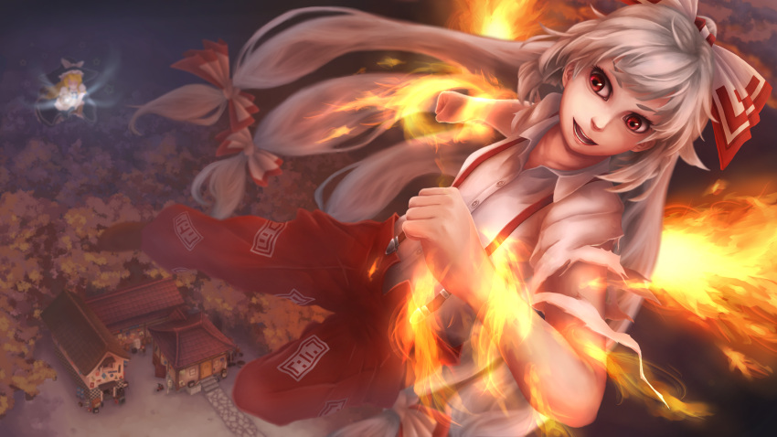 2girls bare_arms blonde_hair bow broom broom_riding buttons clenched_hands collarbone collared_shirt dress fiery_wings fire floating fujiwara_no_mokou full_body hair_bow hands_up hat highres kirisame_marisa long_hair looking_at_another looking_back multiple_girls ofuda ofuda_on_clothes open_mouth outdoors pants red_eyes red_pants shirt silver_hair smile solo_focus suspenders torn_clothes torn_shirt torn_sleeves touhou unmeltz very_long_hair white_shirt wing_collar witch_hat