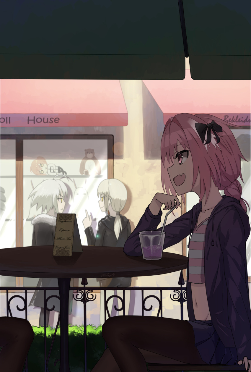 1boy :d arm_support astolfo_(fate) awning bangs black_bow black_legwear black_skirt bow braid cafe character_request collarbone commentary_request crop_top cup day drinking_glass drinking_straw english fang fate/apocrypha fate_(series) fence from_side groin hair_between_eyes hair_bow hair_intakes hand_up head_out_of_frame highres hood hood_down hooded_jacket horizontal-striped_shirt horizontal_stripes jacket long_hair long_sleeves looking_at_another male_focus menu_board miniskirt multicolored_hair navel on_chair open_clothes open_jacket open_mouth outdoors pantyhose pink_hair purple_jacket round_table shade shirt shop signature single_braid sitting skirt smile solo_focus stomach streaked_hair striped striped_shirt table trap v-neck violet_eyes white_hair yuritopia