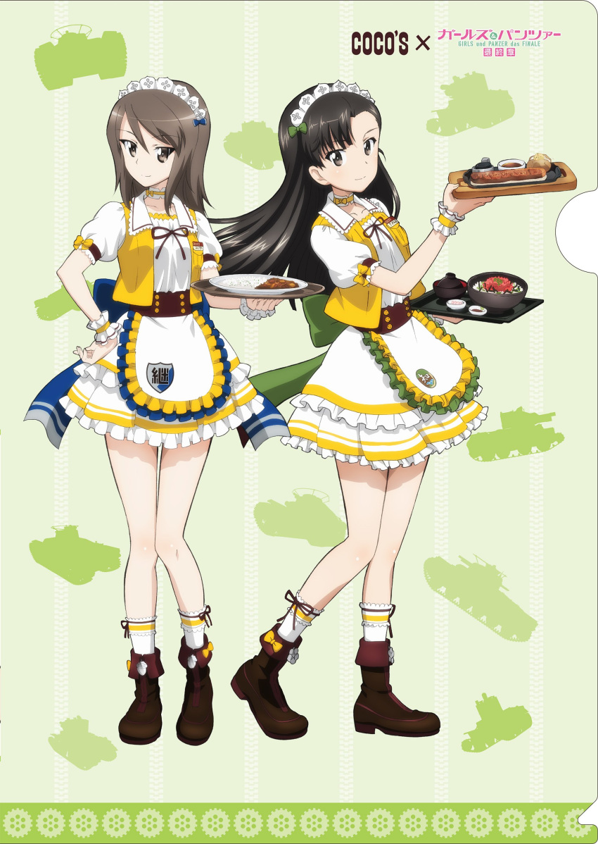 2girls absurdres alternate_headwear ankle_boots apron asymmetrical_bangs bangs black_footwear blue_bow boots bow bow_choker bow_legwear bowl brown_eyes brown_hair bt-42 character_name chi-hatan_(emblem) choker closed_mouth coco's commentary_request copyright_name curry curry_rice emblem eyebrows_visible_through_hair food frilled_apron frilled_legwear frilled_skirt frilled_sleeves frills girls_und_panzer girls_und_panzer_saishuushou green_background green_bow ground_vehicle hair_bow hand_on_hip highres holding holding_food jacket keizoku_(emblem) large_bow layered_skirt long_hair looking_at_viewer maid_headdress mika_(girls_und_panzer) military military_vehicle miniskirt motor_vehicle multiple_girls name_tag nishi_kinuyo official_art plate puffy_short_sleeves puffy_sleeves rice shirt short_sleeves silhouette skirt smile socks standing striped striped_skirt tank tray type_97_chi-ha waist_apron waitress white_legwear white_shirt white_skirt wristband yellow_choker yellow_jacket zipper_pull_tab