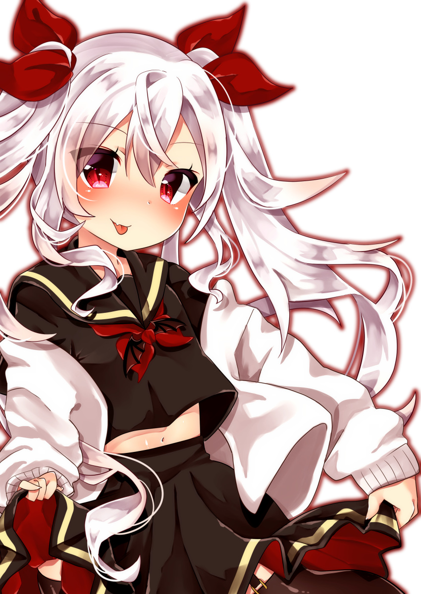 1girl :p absurdres alternate_costume azur_lane bangs black_legwear black_sailor_collar black_serafuku black_shirt black_skirt blush cardigan chiitamu closed_mouth commentary_request eyebrows_visible_through_hair fang fang_out garter_straps hair_between_eyes hair_ribbon head_tilt highres long_hair long_sleeves midriff navel neckerchief off_shoulder open_cardigan open_clothes outline red_eyes red_neckwear red_outline red_ribbon ribbon sailor_collar school_uniform serafuku shirt sidelocks silver_hair simple_background skirt solo thigh-highs tongue tongue_out twintails vampire_(azur_lane) very_long_hair white_background white_cardigan