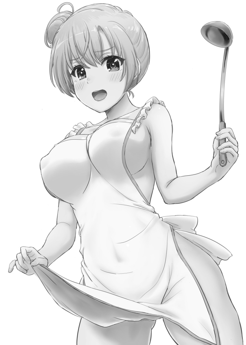 1girl apron bangs bare_arms blush covered eyebrows_visible_through_hair greyscale hair_bun highres inanaki_shiki ladle looking_at_viewer monochrome naked_apron nipples open_mouth pulled_by_self short_hair simple_background solo standing thighs white_background yahari_ore_no_seishun_lovecome_wa_machigatteiru. yuigahama_yui