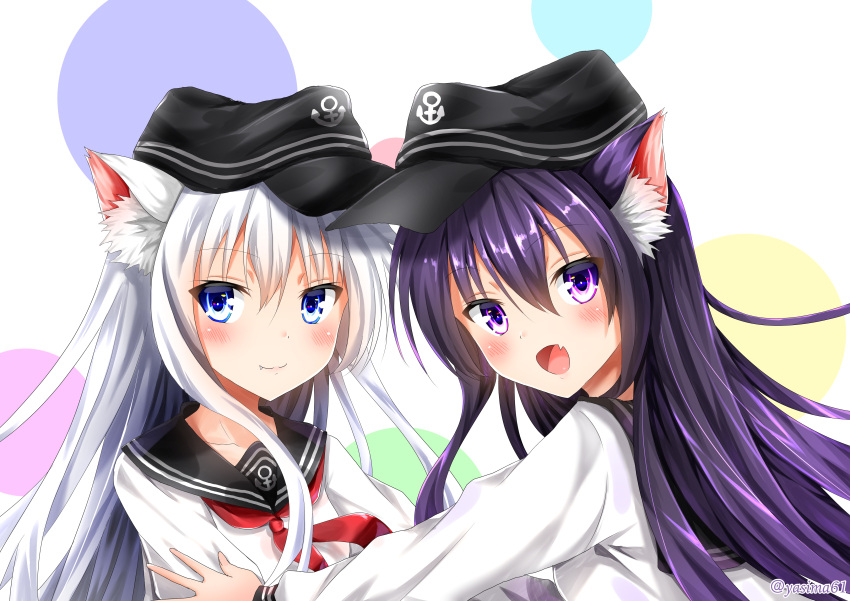 2girls :d absurdres akatsuki_(kantai_collection) anchor_symbol animal_ears blue_eyes blush cat_ears commentary_request fang fang_out flat_cap hair_between_eyes hat hibiki_(kantai_collection) highres kantai_collection kemonomimi_mode long_hair looking_at_viewer multiple_girls open_mouth purple_hair school_uniform serafuku silver_hair smile violet_eyes yashima_roi