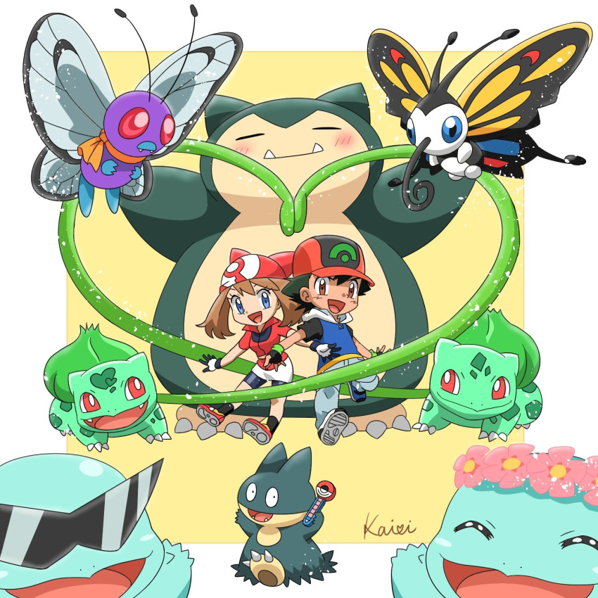 1boy 1girl :d bandanna beautifly bike_shorts black_hair blue_eyes blush brown_eyes brown_hair bulbasaur butterfree chibi couple eyeglass fingerless_gloves flower full_body gloves hair_flower hair_ornament haruka_(pokemon) hat heart highres kairi_(ayuara) munchlax open_mouth pokemon pokemon_(anime) satoshi_(pokemon) simple_background smile snorlax squirtle