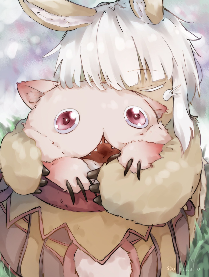 1other androgynous animal_ears bangs blunt_bangs bob_cut body_fur brown_fur cheek_press claws closed_eyes colored_eyelashes commentary covered_mouth creature facing_viewer furry grass highres hug in_basket made_in_abyss mitty_(made_in_abyss) nanachi_(made_in_abyss) one_eye_covered open_mouth outdoors pink_eyes rabbit_ears ruka_(o_ruka_o) short_hair twitter_username upper_body whiskers white_hair