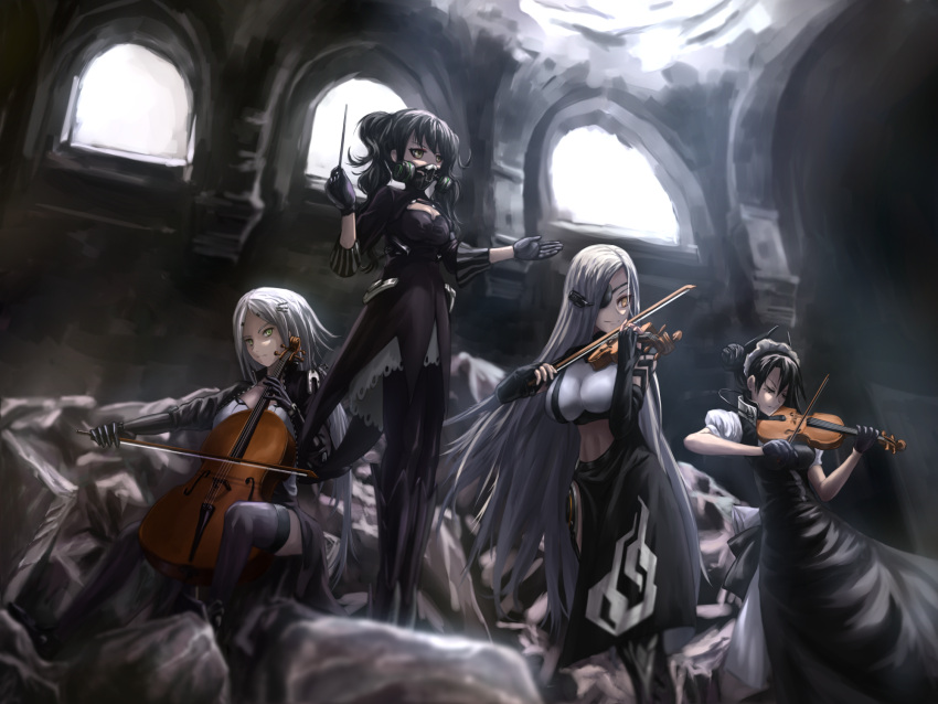 4girls agent_(girls_frontline) alchemist_(girls_frontline) arms_up baton_(instrument) black_dress black_gloves black_hair black_legwear bow_(instrument) breasts brown_eyes cello cishi_nianshao cleavage closed_eyes conductor curly_hair detached_sleeves double_bun dress eyepatch fingerless_gloves gas_mask girls_frontline gloves green_eyes hair_ornament hairclip highres holding hunter_(girls_frontline) instrument large_breasts long_hair long_sleeves maid maid_headdress medium_breasts midriff multiple_girls music playing_instrument rubble sangvis_ferri sangvis_ferri_android_(girls_frontline) scarecrow_(girls_frontline) short_sleeves silver_hair sitting standing straight_hair striped thigh-highs twintails violin window yellow_eyes