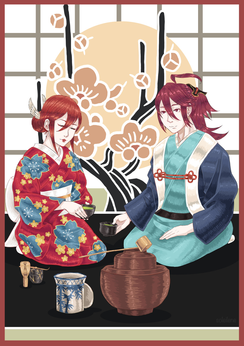 1boy 1girl absurdres ahoge closed_eyes cup father_and_daughter fire_emblem fire_emblem_if highres japanese_clothes kimono matoi_(fire_emblem_if) redhead tea teacup traditional_clothes tsubaki_(fire_emblem_if)