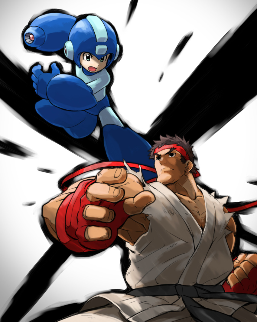 2boys arm_cannon belt black_hair capcom company_connection crossover dougi fighting fighting_stance fingerless_gloves gloves green_eyes headband helmet highres jumping karate_gi multiple_boys open_mouth rockman rockman_(character) rockman_(classic) ryuu_(street_fighter) sleeveless tonami_kanji weapon