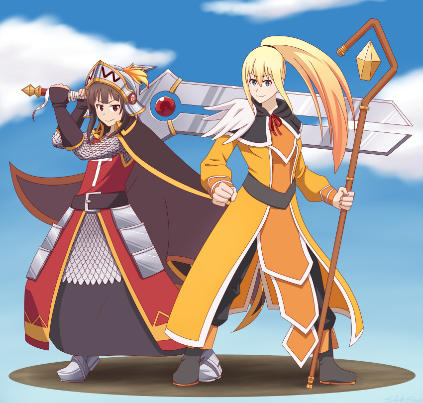 2girls absurdres armor belt blonde_hair boots brown_hair buster_sword capelet chainmail cloak crystal darkness_(konosuba) fingerless_gloves gloves greaves green_eyes helm helmet highres knight kono_subarashii_sekai_ni_shukufuku_wo! mage megumin multiple_girls orb pants ponytail red_eyes red_shirt robe role_reversal shirt short_hair silent-shanin smile staff surcoat sword tassel visor_(armor) weapon yellow_robe