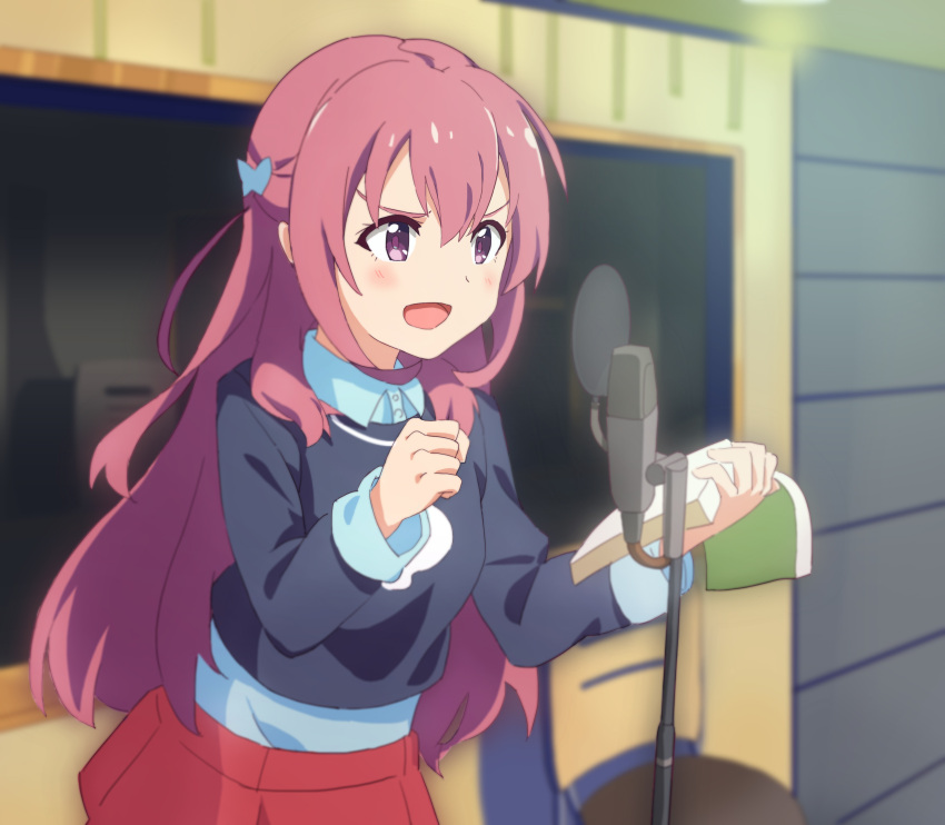 1girl :d absurdres anime_coloring blush book bow clenched_hand girlish_number hair_bow highres indoors karasuma_chitose_(girlish_number) long_hair microphone open_book open_mouth purple_hair red_skirt skirt smile solo standing violet_eyes xiaohu