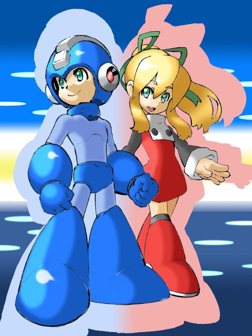 1boy 1girl absurdres android blonde_hair blue_gloves capcom commentary_request dress eyebrows_visible_through_hair full_body gloves green_eyes hair_between_eyes hair_ornament hair_ribbon high_ponytail highres long_hair looking_to_the_side open_mouth ponytail ribbon rockman rockman_(character) rockman_(classic) roll sidelocks smile teeth tonami_kanji