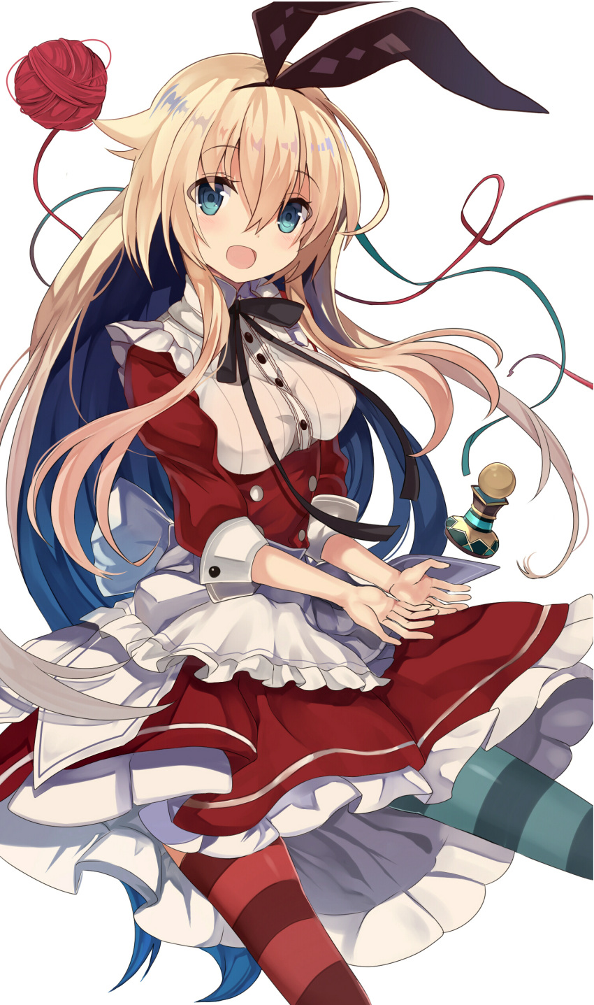 1girl absurdres alice_(grimms_notes) alice_(wonderland) alice_in_wonderland apron blonde_hair blue_eyes chess_piece dress green_legwear grimms_notes highres long_hair mismatched_legwear open_mouth red_dress red_legwear retsuto ribbon smile solo striped striped_legwear waist_apron yarn yarn_ball