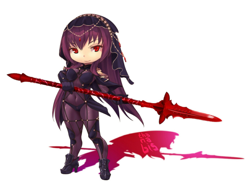 1girl ankle_boots armor artist_name bangs black_footwear bodysuit boots breasts chibi closed_mouth covered_navel eyebrows_visible_through_hair fate/grand_order fate_(series) full_body gae_bolg high_heel_boots high_heels holding holding_weapon legs_apart looking_at_viewer medium_breasts pauldrons purple_bodysuit purple_hair red_eyes scathach_(fate/grand_order) shadow shiny shiny_clothes shoulder_armor simple_background skin_tight smile solo standing straight_hair thanabis tsurime veil weapon white_background