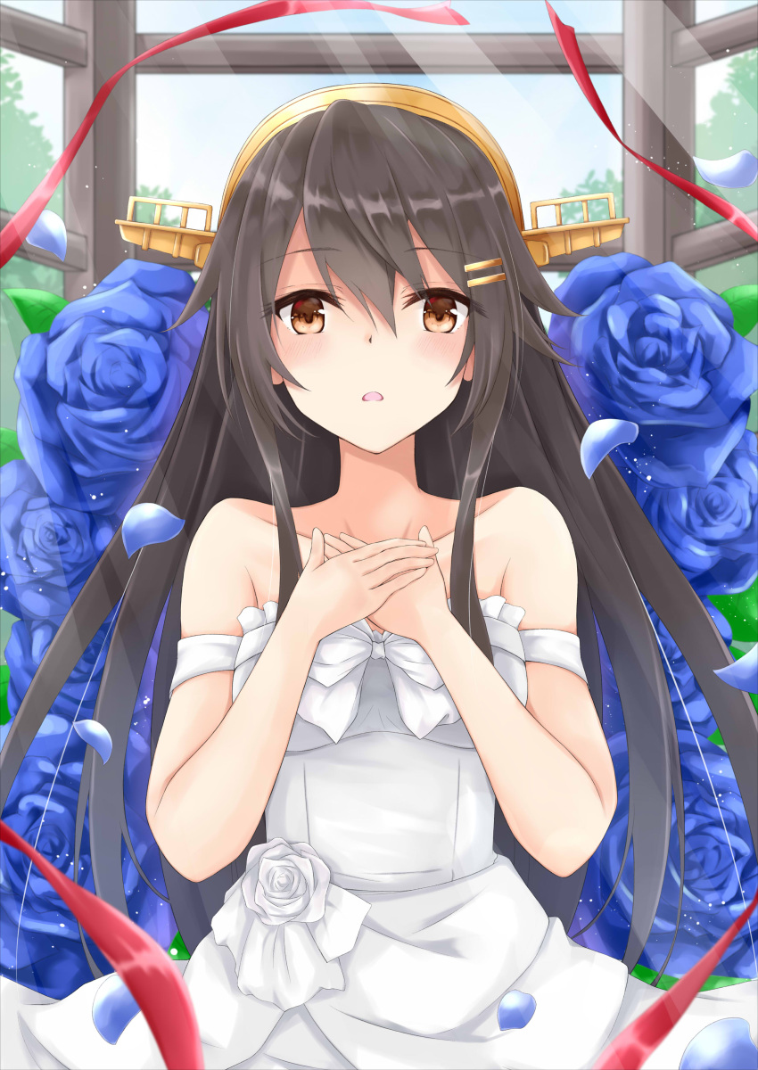 1girl absurdres black_hair blue_flowers brown_eyes dress flower gensoukitan hair_ornament hairband hairclip hand_on_own_chest haruna_(kantai_collection) highres kantai_collection long_hair off-shoulder_dress off_shoulder outdoors remodel_(kantai_collection) solo strapless strapless_dress white_dress