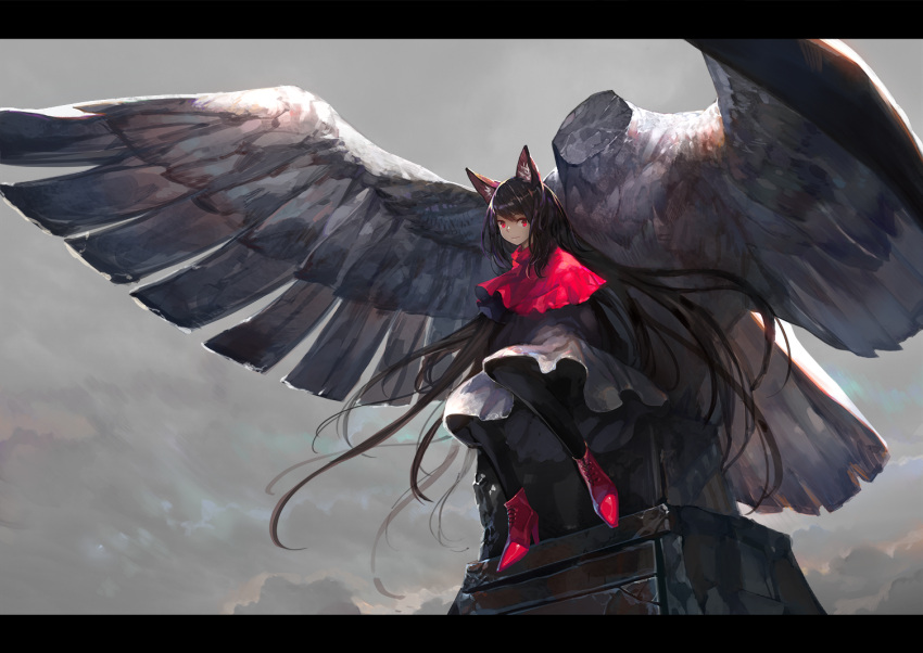 1girl animal_ears black_legwear brown_hair capelet closed_mouth clouds cloudy_sky commentary_request dress full_body high_heels imaizumi_kagerou letterboxed long_hair looking_at_viewer onion_(onion_and_pi-natto) outdoors pantyhose red_eyes red_footwear shoes short_dress sitting sky solo statue touhou very_long_hair white_dress wolf_ears
