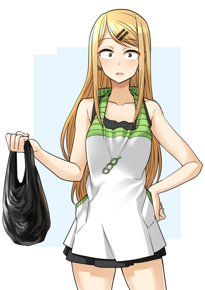 1girl apron bag bangs bare_arms black_skirt blonde_hair breasts brown_eyes collarbone commentary cowboy_shot dagashi_kashi ear_piercing earrings endou_saya eyebrows_visible_through_hair hair_ornament hand_on_hip highres holding holding_bag jewelry long_hair looking_at_viewer open_mouth piercing simple_background skirt sleeveless small_breasts solo standing yong-gok