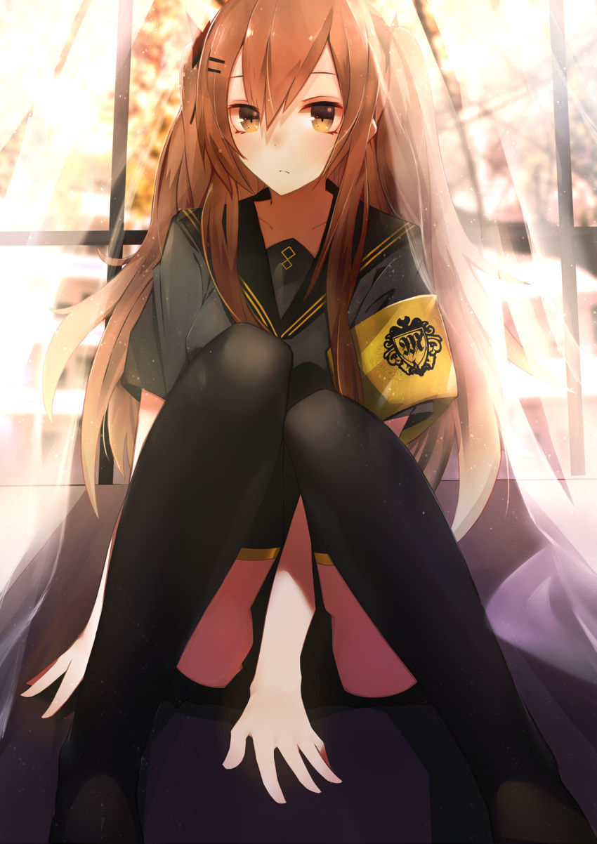 1girl arm_between_legs armband bangs black_legwear black_ribbon black_sailor_collar blush brown_eyes brown_hair collarbone dust_particles eyebrows_visible_through_hair girls_frontline hair_ornament hair_ribbon hairclip highres jacket knees_together_feet_apart legs long_hair looking_at_viewer marcellokito! no_shoes one_side_up pantyhose ribbon sailor_collar scar scar_across_eye short_sleeves sidelocks skirt solo thigh-highs thighs twintails ump9_(girls_frontline) window