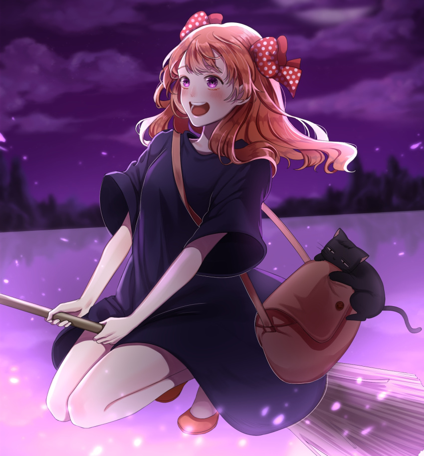 1girl 8901_1098 :d bag black_cat black_robe blush bow broom broom_riding cat cosplay gekkan_shoujo_nozaki-kun handbag highres kiki kiki_(cosplay) majo_no_takkyuubin night night_sky open_mouth orange_hair polka_dot polka_dot_bow purple_sky red_footwear sakura_chiyo sky smile violet_eyes