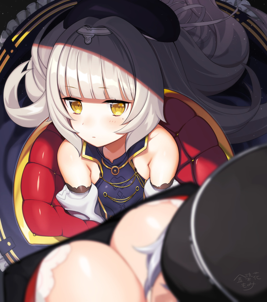 2girls azur_lane bangs bare_shoulders beret black_hat blue_dress blunt_bangs blurry blurry_foreground blush breasts cleavage closed_mouth commentary_request depth_of_field detached_sleeves dress expressionless eyebrows_visible_through_hair flat_chest frilled_dress frills from_above graf_zeppelin_(azur_lane) hair_ornament hair_ribbon hat highres kinsenka_momi large_breasts long_hair looking_at_viewer mole mole_under_eye multiple_girls ribbon shade shiny shiny_hair shiny_skin sidelocks signature silver_hair solo_focus very_long_hair white_ribbon yellow_eyes z46_(azur_lane)
